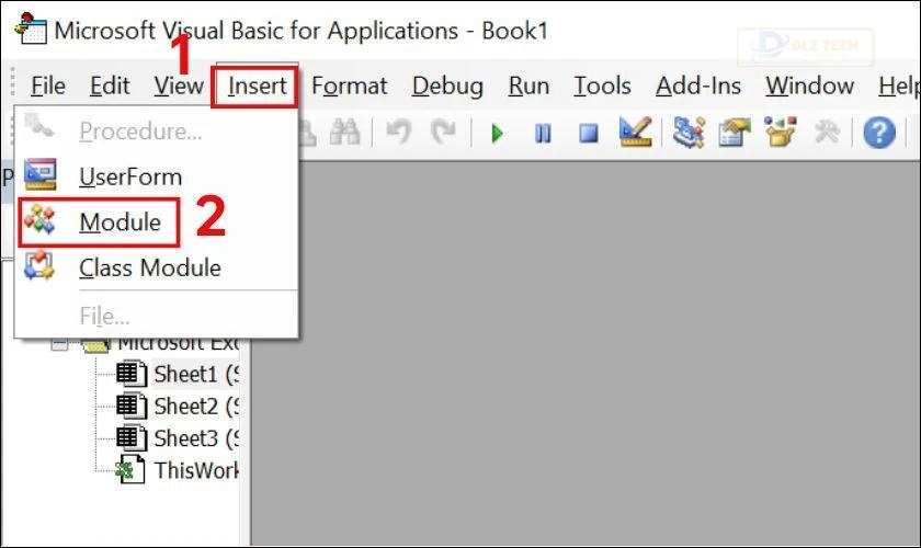 Nhấn chọn mục Insert và sau đó thực hiện chọn Module