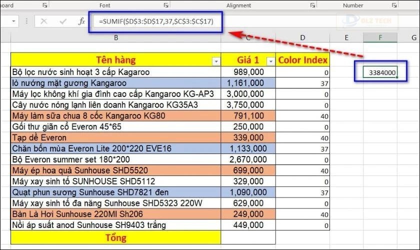 Cách tính tổng theo màu bằng Get.CELL và Named Range