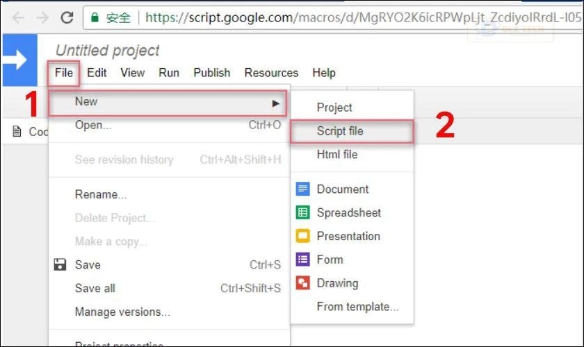Nhấn vào Tập tin (File), chọn Mới (New) và chọn Tập kịch bản (Script file)