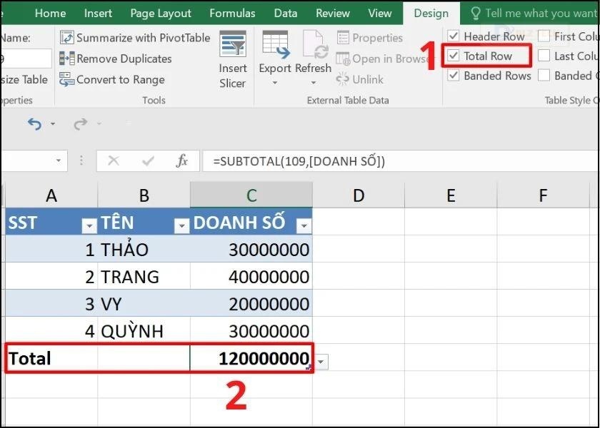 kết quả hiển thị ở cột total row