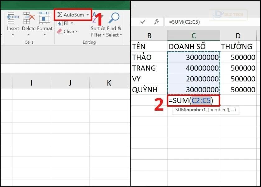 công thức tính tổng trong excel