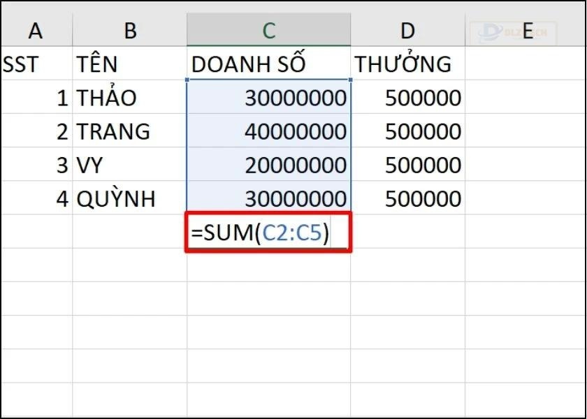 tính tổng với hàm sum