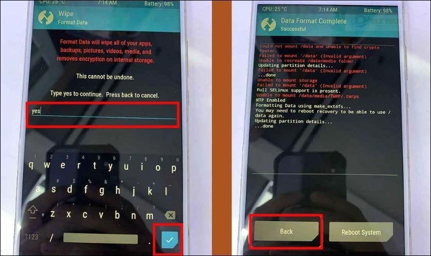 Trở về màn hình chính của TWRP bằng cách nhấn vào Back
