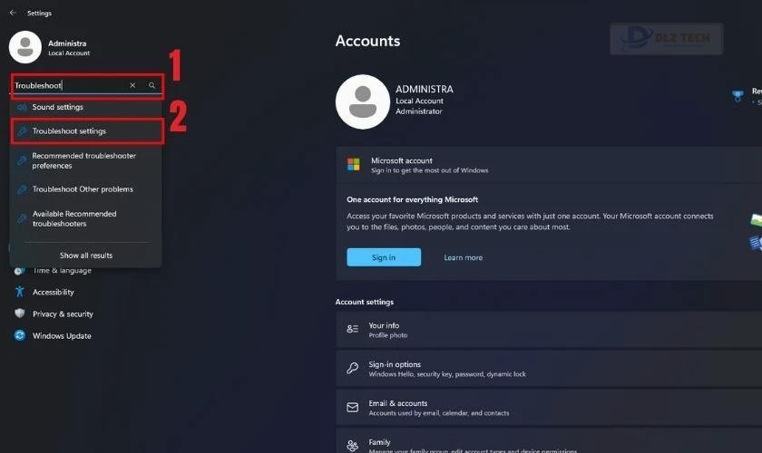 Mở Troubleshoot Settings