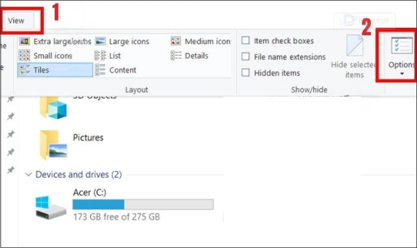 Chọn Options trong File Explorer