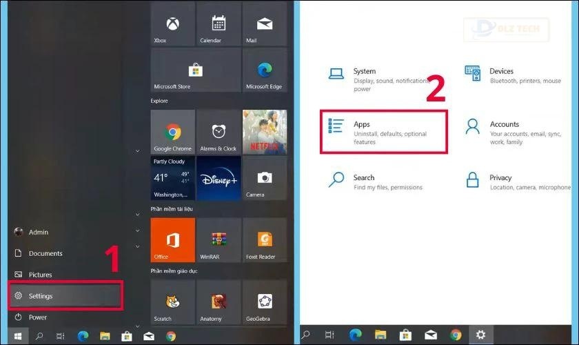 Gỡ cài đặt Mozilla Firefox bằng cách mở Settings, vào mục Apps