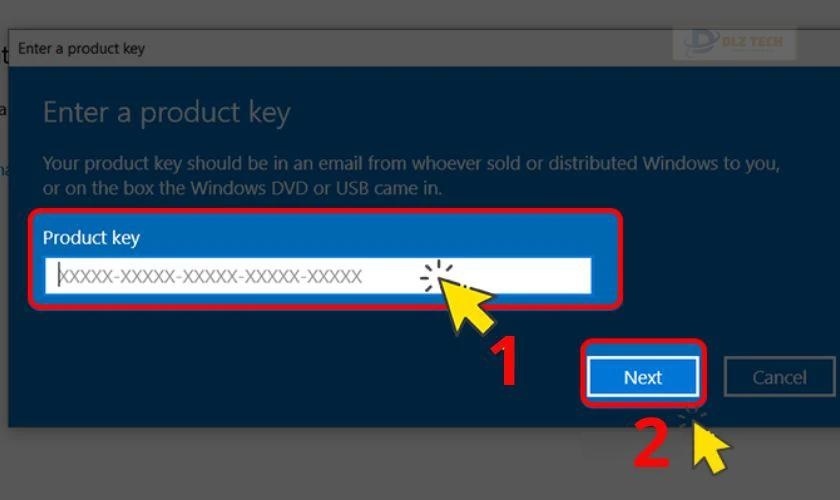 Trong hộp thoại Enter a product key, bạn tiến hành nhập key và nhấn Next để kích hoạt bản quyền