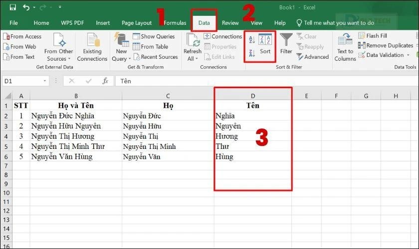 Vào tab Data chọn Sort