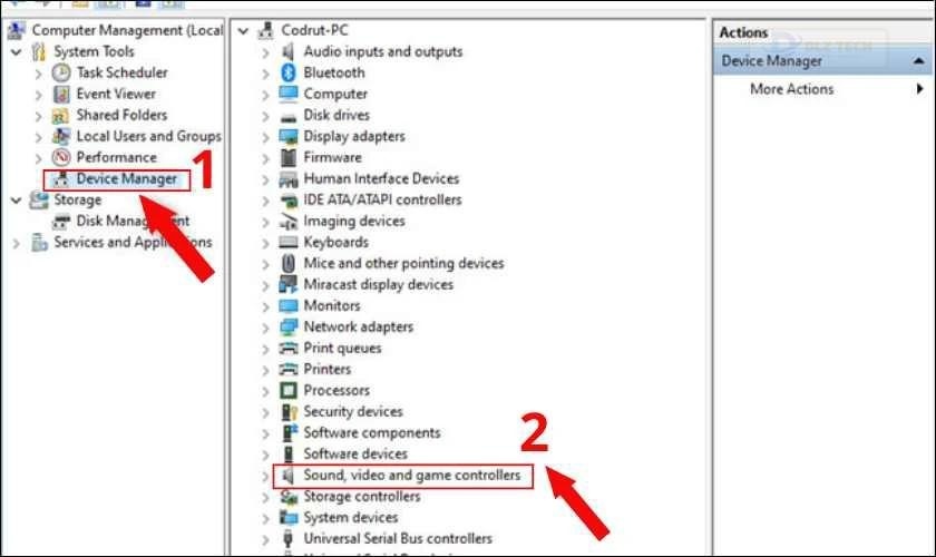 Chọn Device Manager và sau đó chọn tính năng Sound, video and game controllers