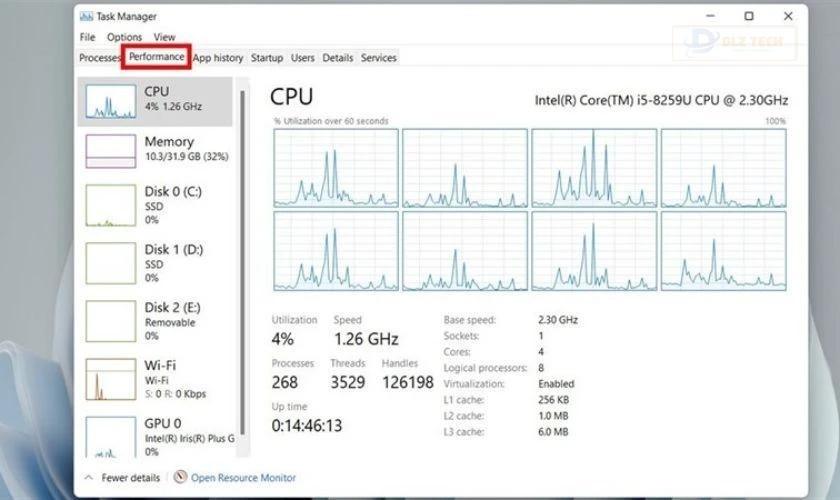Kiểm tra RAM tại mục Performance