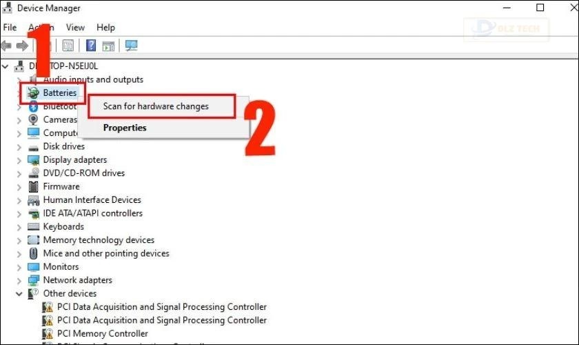 Tiếp theo, bạn tiếp tục click phải chuột vào mục Batteries và chọn Scan for hardware changes