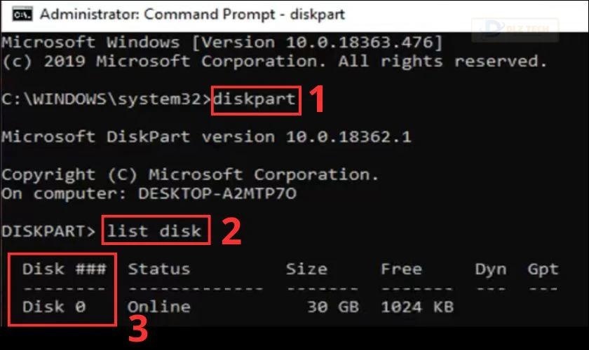 Gõ diskpart và list disk trong Command Prompt