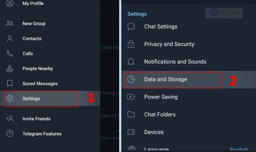 Chọn vào phần Cài đặt và bấm mục Data and Storage