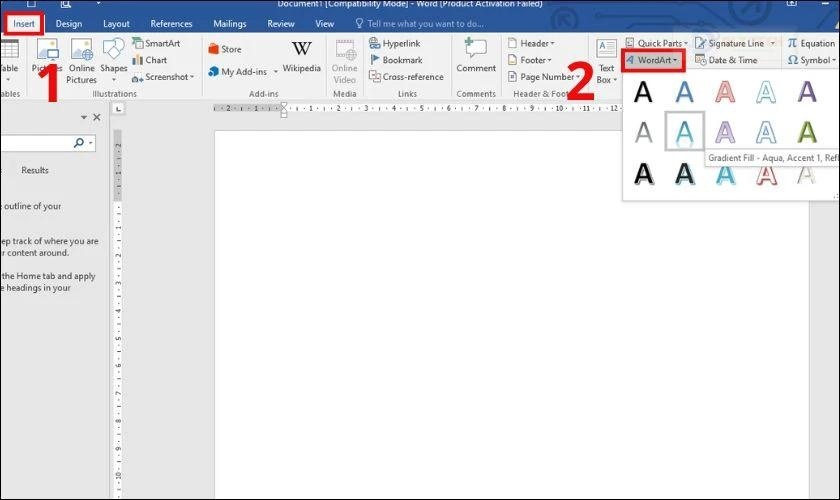 Nhấn chọn WordArt, một danh sách các kiểu chữ sẽ hiện ra