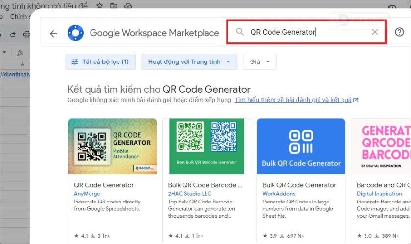 Trong cửa sổ Google Workspace Marketplace, bạn hãy tìm kiếm với từ khóa QR Code Generator