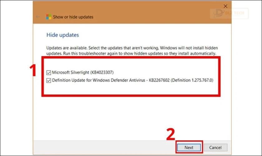 Chọn bản cập nhật để tắt và nhấn Next