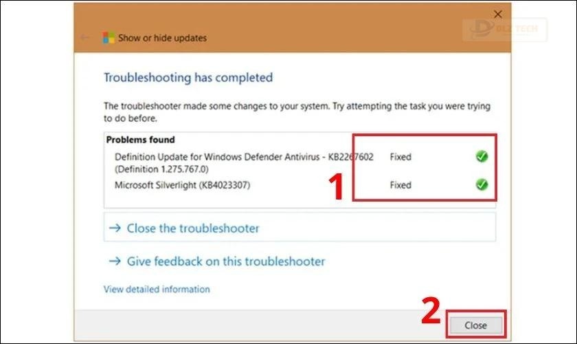 Hoàn tất ẩn bản cập nhật và nhấn Close