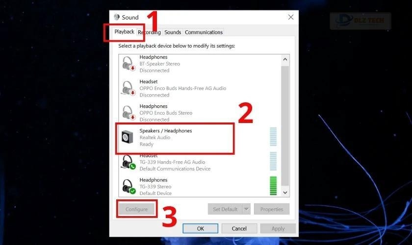 Bạn chọn tab Playback trên laptop 