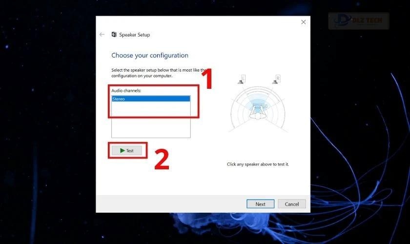 Chọn cấu hình âm thanh bạn muốn kiểm tra trong Audio channels của laptop
