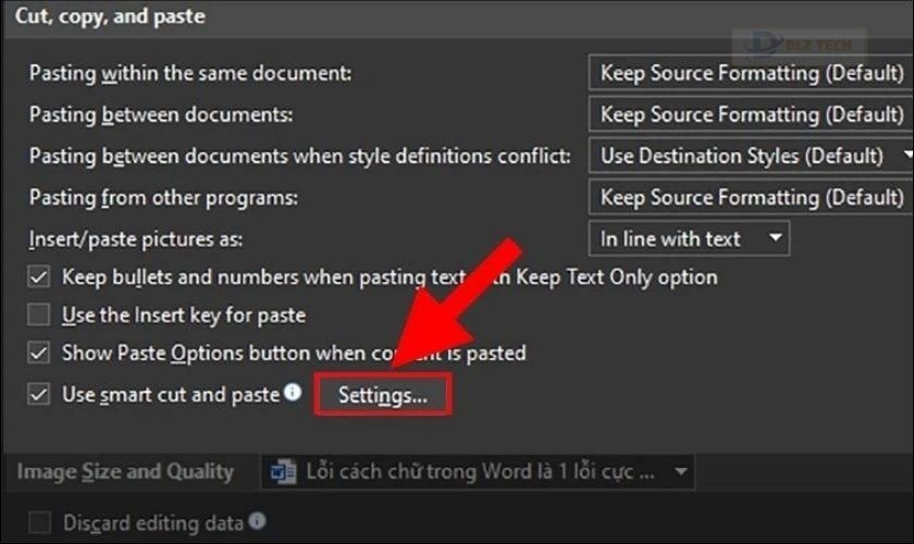 Tìm đến phần Cut, copy and paste và nhấn vào Settings…