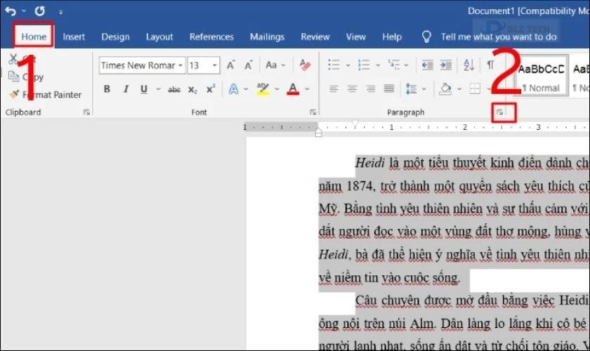 Tại tab Home, bạn nhấn vào mũi tên góc phải trong nhóm Paragraph