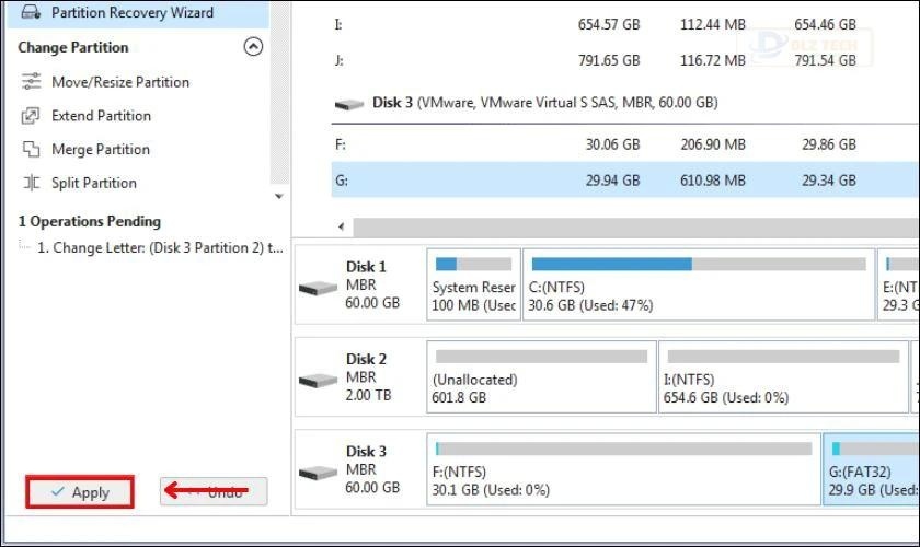 Cuối cùng nhấp vào nút Apply để tất cả thay đổi được thực hiện và khắc phục ổ cứng bị Unallocated