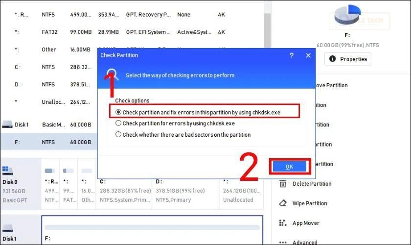 Sau đó chọn tiếp check partition and fix error in this partition by using chkdsk.exe. Tiếp tục nhấp OK và đợi hoàn thành