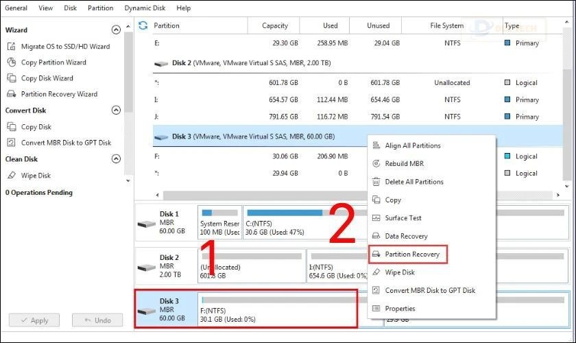 Tiếp tục nhấp chuột phải và chọn Partition Recovery từ Menu contex