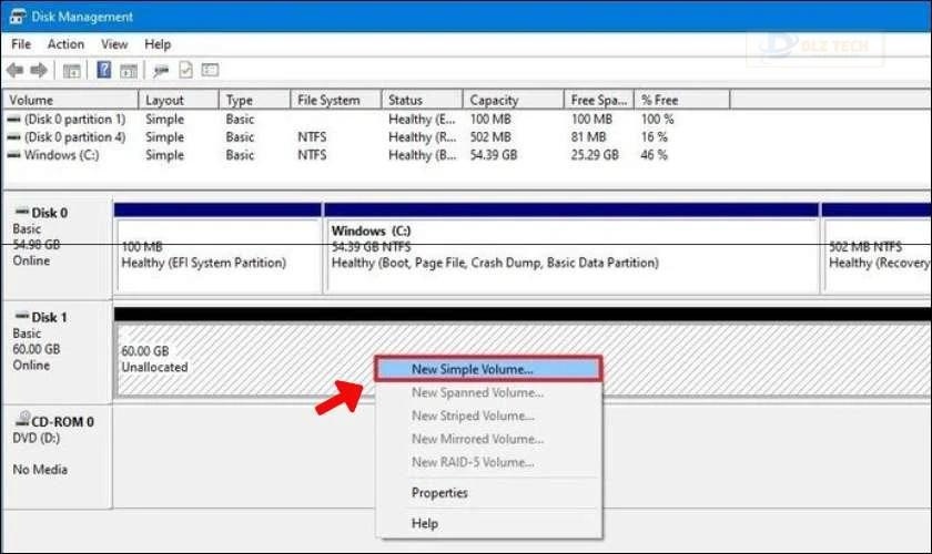 Sử dụng công cụ Disk Management khi nhận ổ cứng nhưng không hiển thị