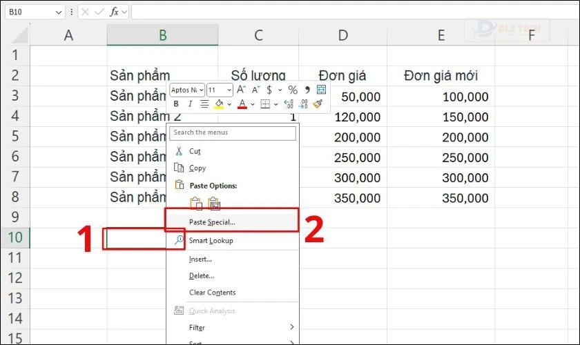 Di chuột đến nơi cần dán dữ liệu và nhấn chuột phải chọn Paste Special