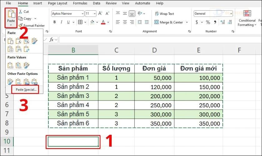 Trên thanh công cụ chọn Paste rồi chọn tiếp Paste Special