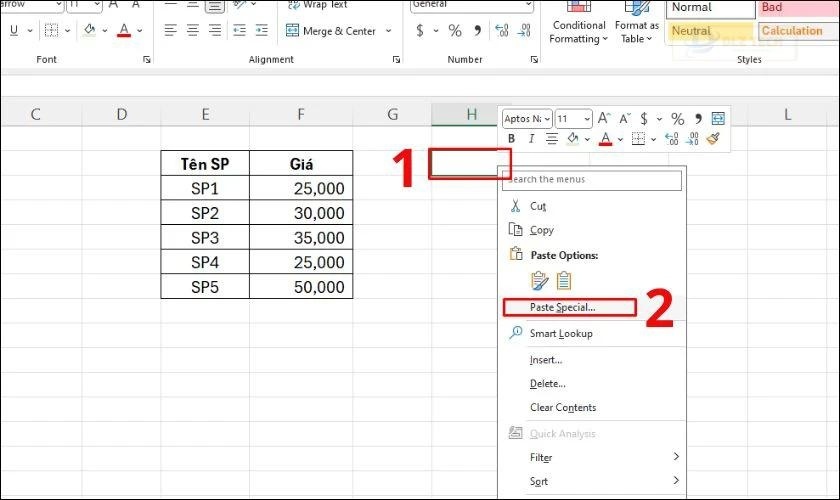 Nhấn chuột phải và chọn Paste Special từ menu