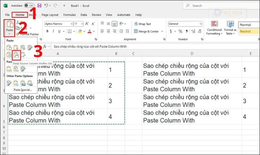 Chọn Keep Source Column Widths để giữ nguyên kích thước cột