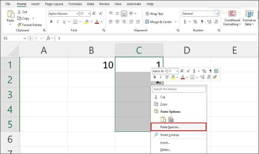 Nhấn chuột phải và chọn Paste Special