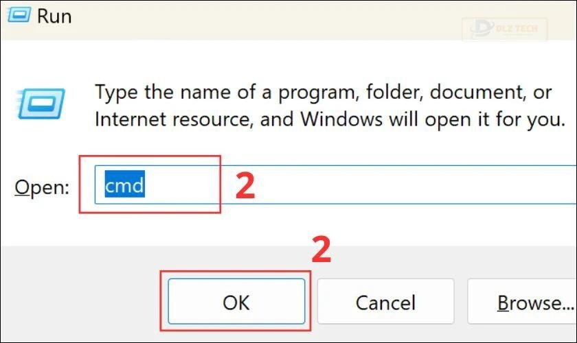 Nhấn phím tắt Windows + R rồi nhập cmd và nhấn OK