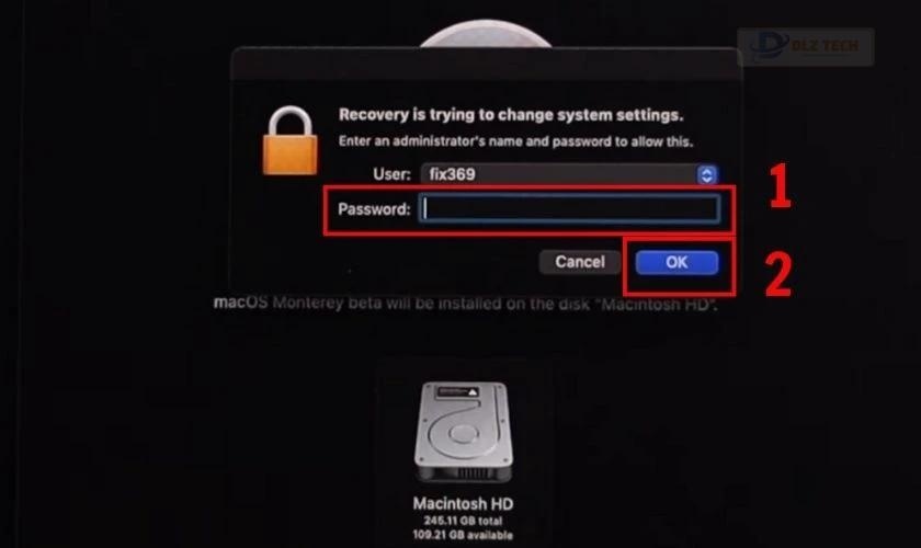 Nhập mật khẩu và nhấn OK để hoàn tất cài đặt MacOS cho màn bị ám xanh