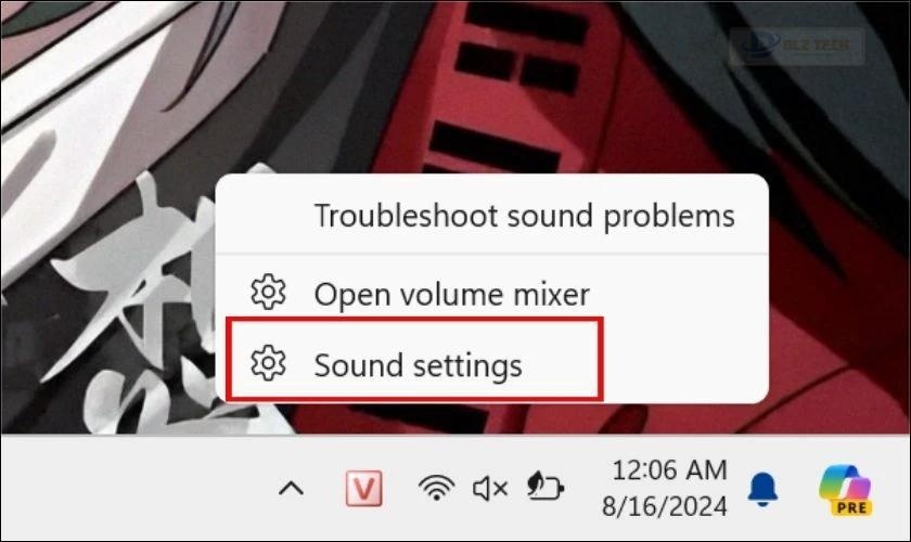 Chọn mở cài đặt âm thanh (Sound settings)