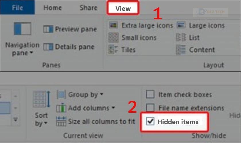 Chọn View trên thanh menu và click chọn Hidden items