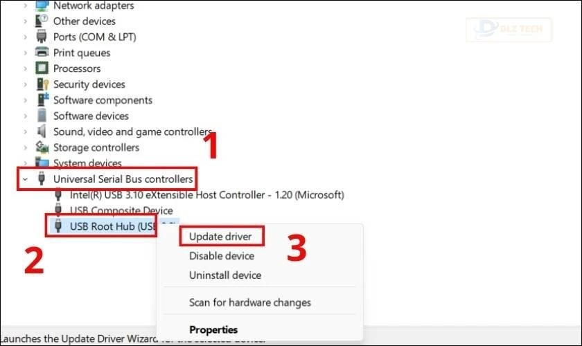 Sau đó nhấn chuột phải vào mục USB Root Hub (USB3.0) và chọn Update Driver