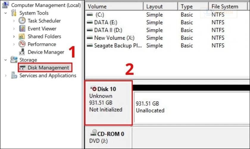 Ổ cứng có thể hiện dòng chữ Unknown hoặc Not Initialized