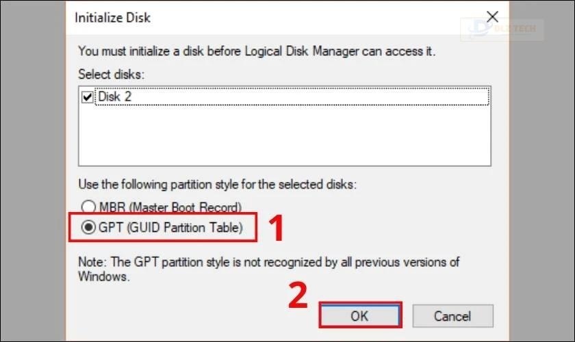 Chọn định dạng GPT rồi nhấn OK để tiếp tục