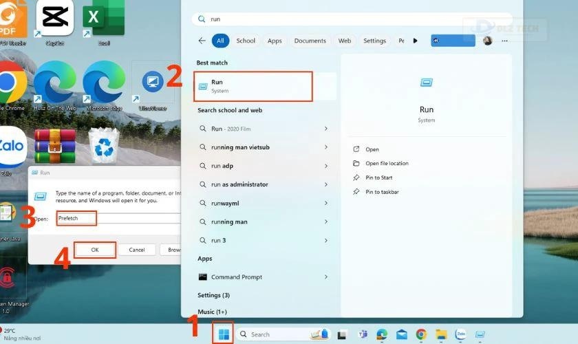 Mở Start, trong hộp tìm kiếm, nhập Run, sau đó gõ Prefetch