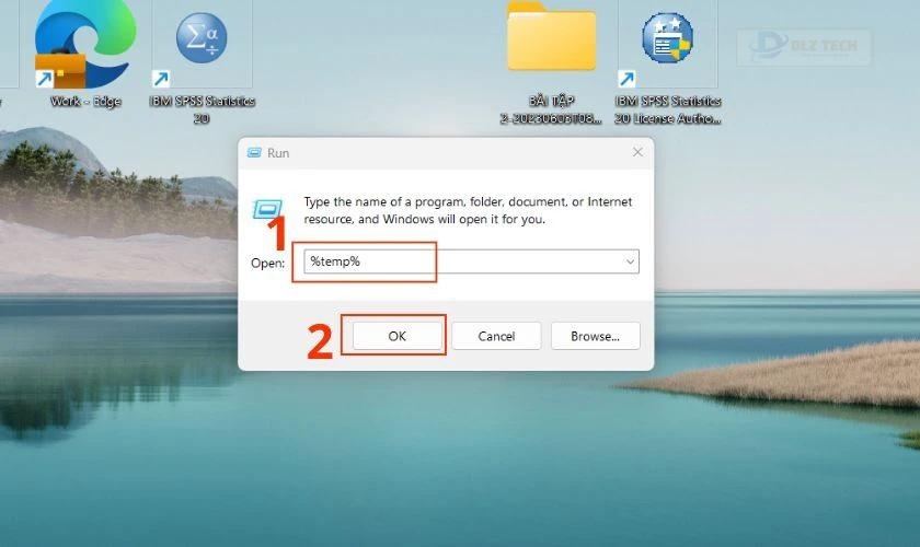 Khi hộp thoại Run xuất hiện, gõ %temp% vào ô và nhấn OK