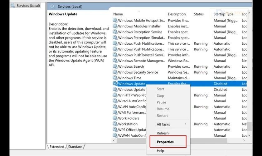 Tìm dịch vụ Windows Update, nhấn chọn bằng chuột phải rồi chọn Properties