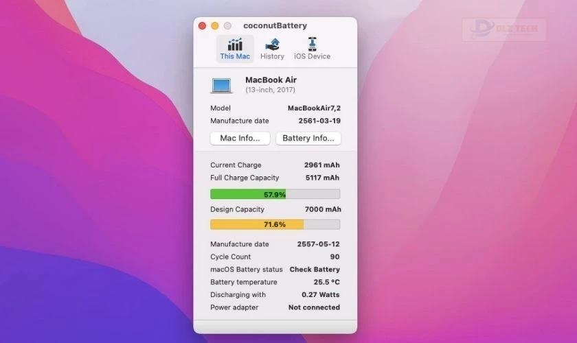 Coconut Battery hiển thị thông tin về pin của Macbook