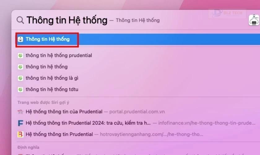 Nhấn tổ hợp phím Command + Space và gõ tìm kiếm Thông tin hệ thống