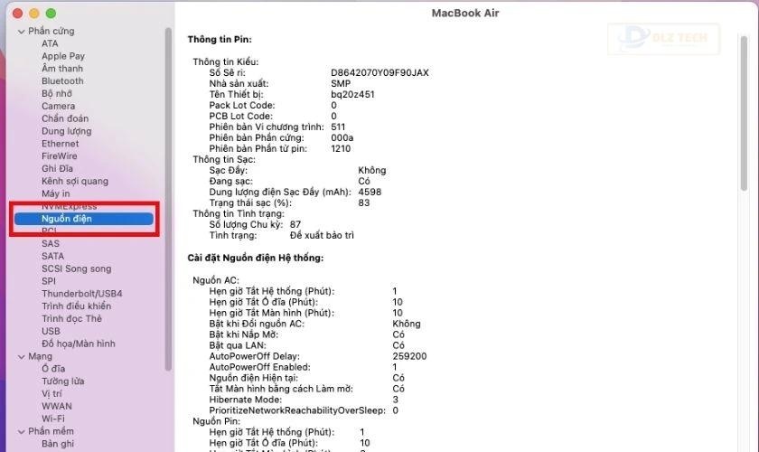 Ở cửa sổ Thông tin hệ thống, chọn mục Nguồn điện