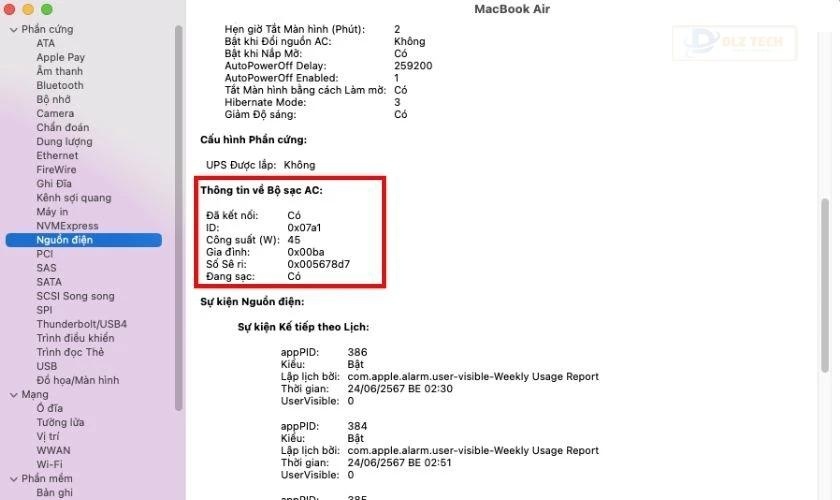 Mục Nguồn điện hiển thị thông tin chi tiết về pin đang sử dụng