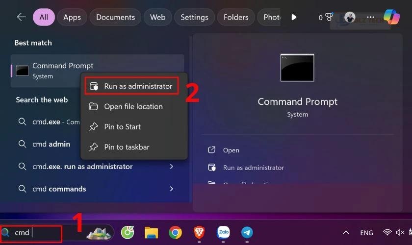 Gõ cmd vào Menu Search, sau đó nhấn chuột phải rồi chọn Run as Administrator