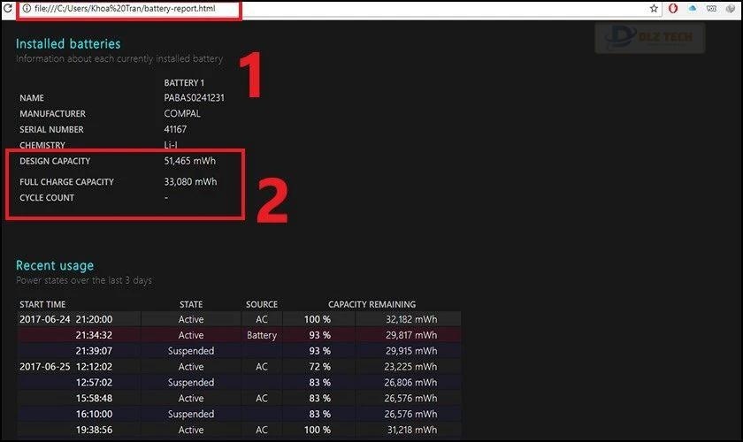 Mở tệp battery-report.html bằng trình duyệt web để xem các thông tin